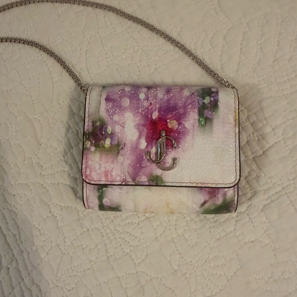 Jimmy Choo Floral Watercolor Leather Crossbody in Purple, White and Green